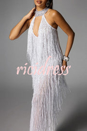 Glimmer Hour Shiny Layered Tassels Halter Cutout Neck Split Maxi Dress