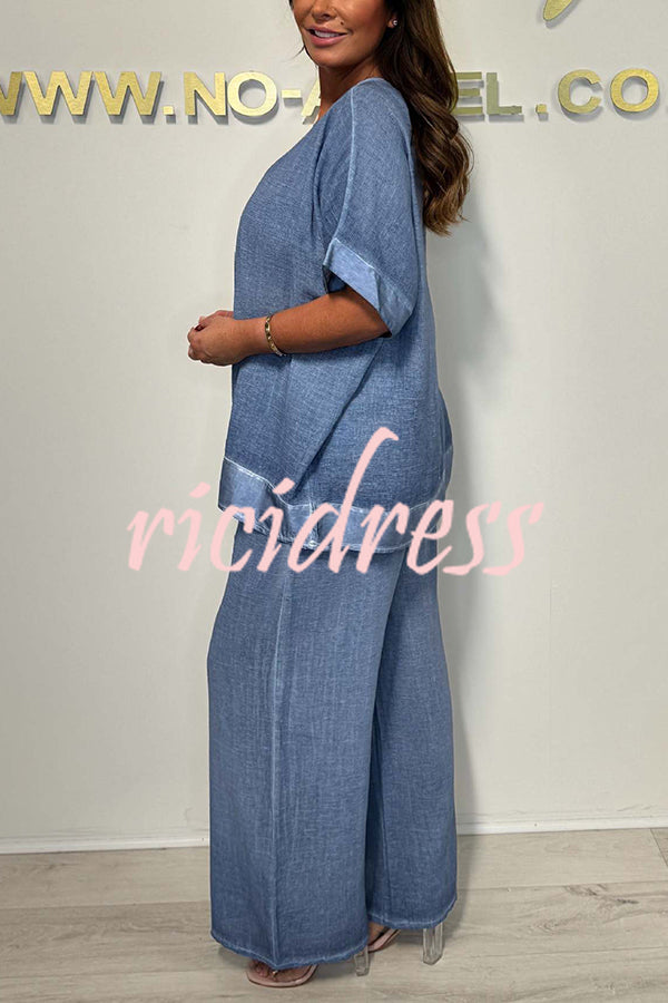 Fashionable V-neck Short-sleeved Loose Top and Elastic Waist Casual Wide-leg Pants Set