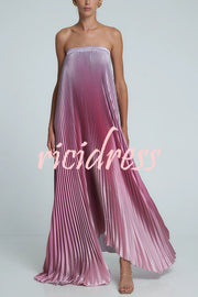 Gorgeous Styling Satin Pleated Elastic Bust Strapless A-line Gown Maxi Dress