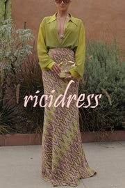 Moonlit Waltz Gradient Print Button Up Long Sleeve Loose Blouse