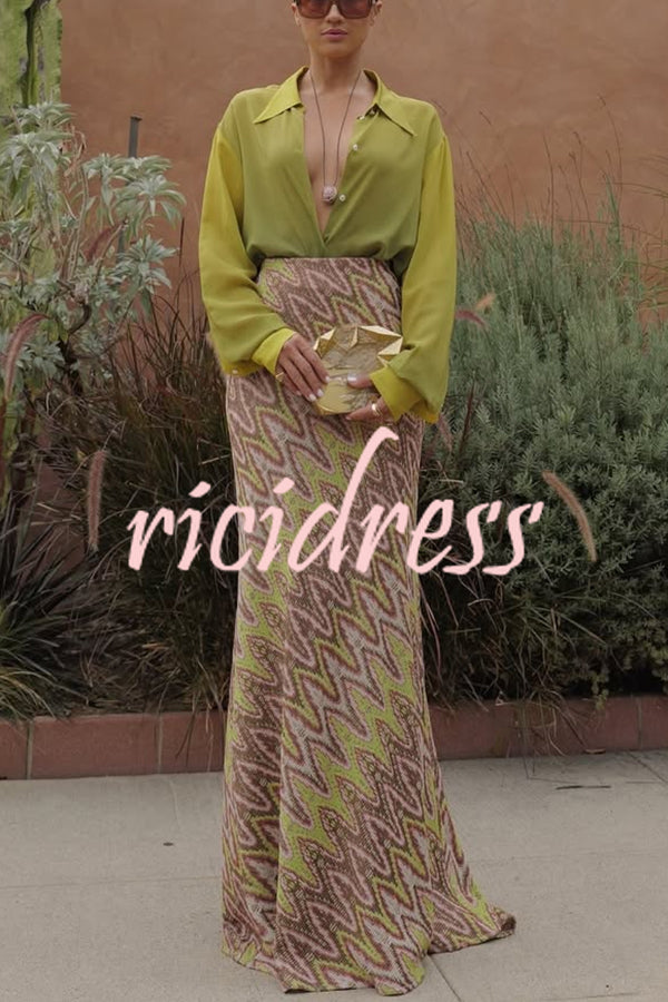 Moonlit Waltz Gradient Print Button Up Long Sleeve Loose Blouse