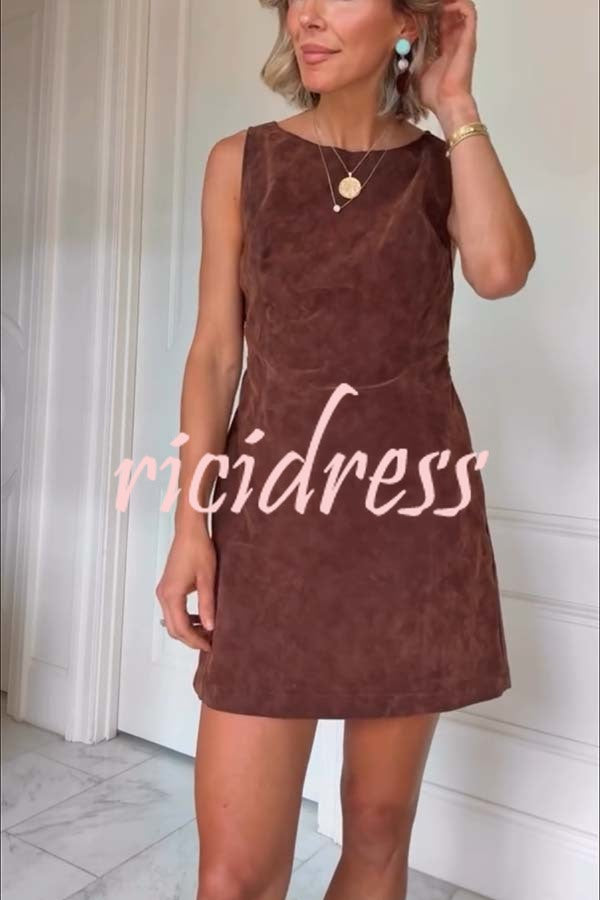 Atlas Faux Suede Open Back Button Accents Zipper Mini Dress