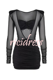 Sexy Mesh See-through Long-sleeved Backless Pleated Rompers