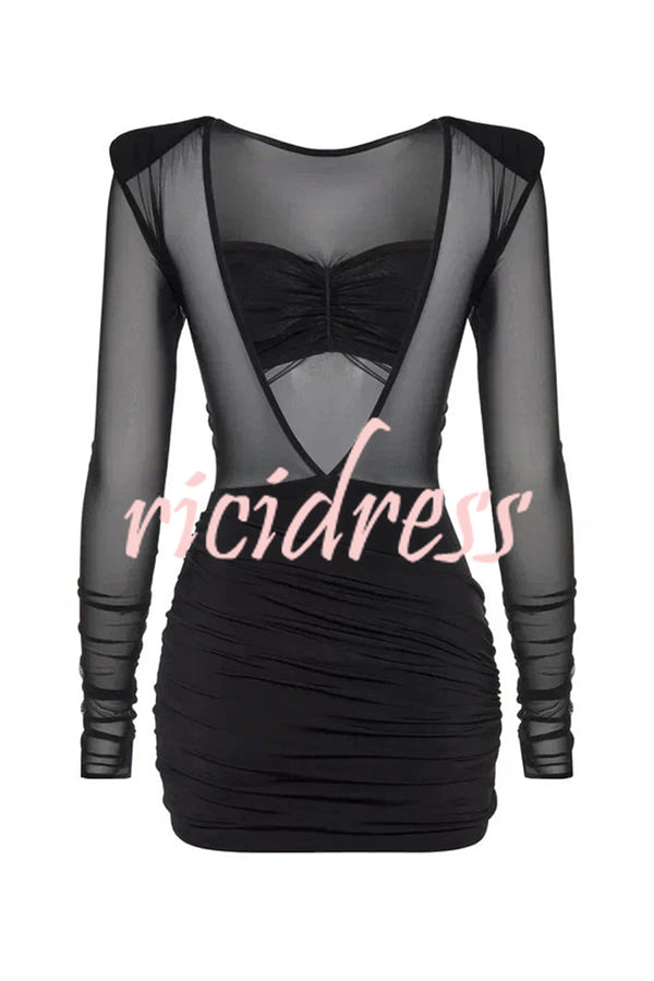 Sexy Mesh See-through Long-sleeved Backless Pleated Rompers
