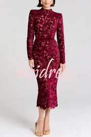 Diane Velvet Embroidered Floral Lace Long Sleeve Belt Scallop Edge Midi Dress