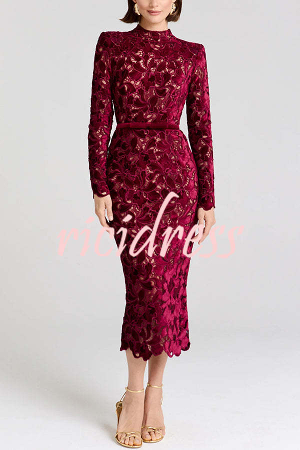Diane Velvet Embroidered Floral Lace Long Sleeve Belt Scallop Edge Midi Dress