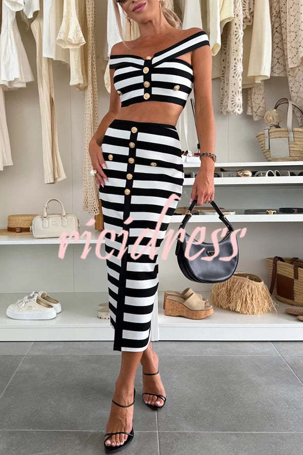Sexy Elegant Striped Metal Button Off Shoulder Top and High Rise Slit Stretch Skirt Set