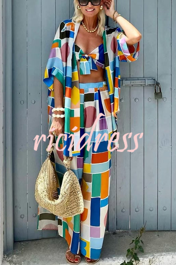 Summer Colors Printed Kimono + Knotted Tank + Elastic Waist Pocket Three-pieces Pants Set