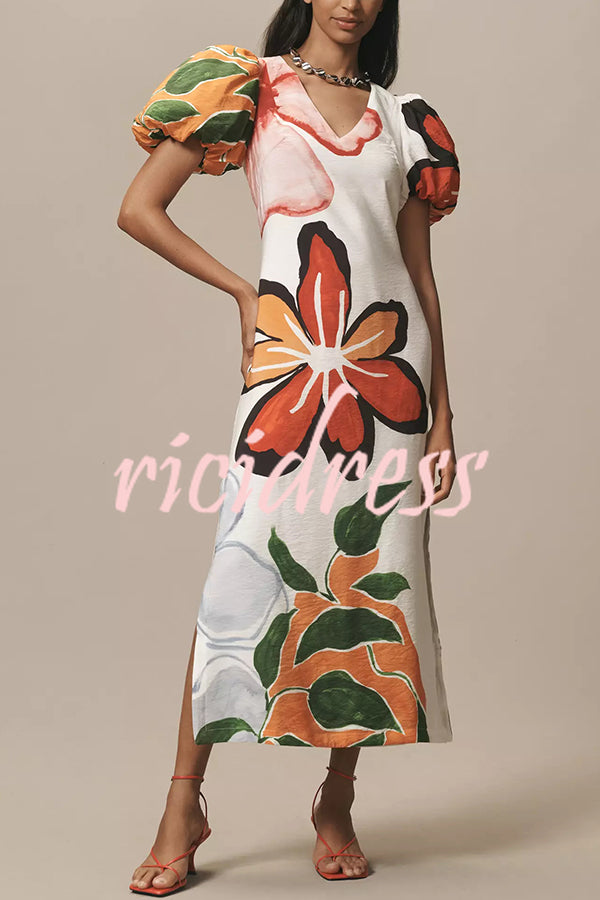 Summer Gala Floral Print Puff-Sleeve A-Line Slit Maxi Dress