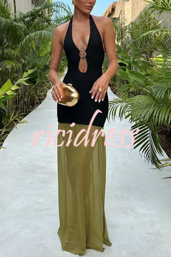 Sun Kissed Stretch Texture Fabric Gold Accent Tulle Hem Halter Maxi Dress