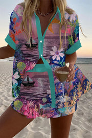 Ocean Vacation Print Loose Buttoned Elastic Waist Shorts Set