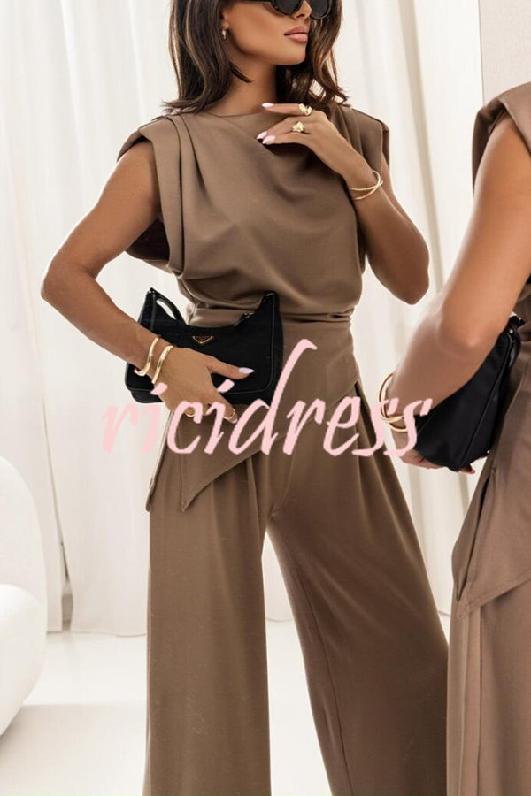 Jordy Ruched Shoulder Slit Top and Elastic Waist Pocketed Wide Leg Pants Set