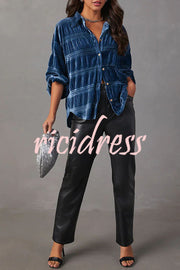 Fkahi Velvet Pleated Lapel Button Down Shirt
