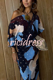 Mara Pleated Fabric Metallic Speckled Color Block Print One Shoulder Maxi Dress