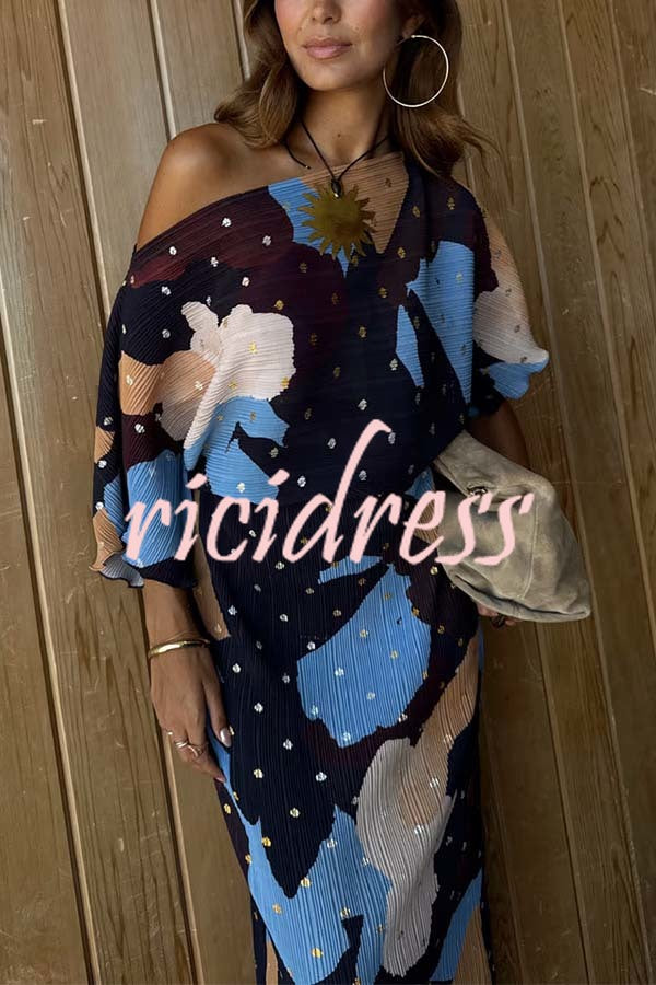 Mara Pleated Fabric Metallic Speckled Color Block Print One Shoulder Maxi Dress
