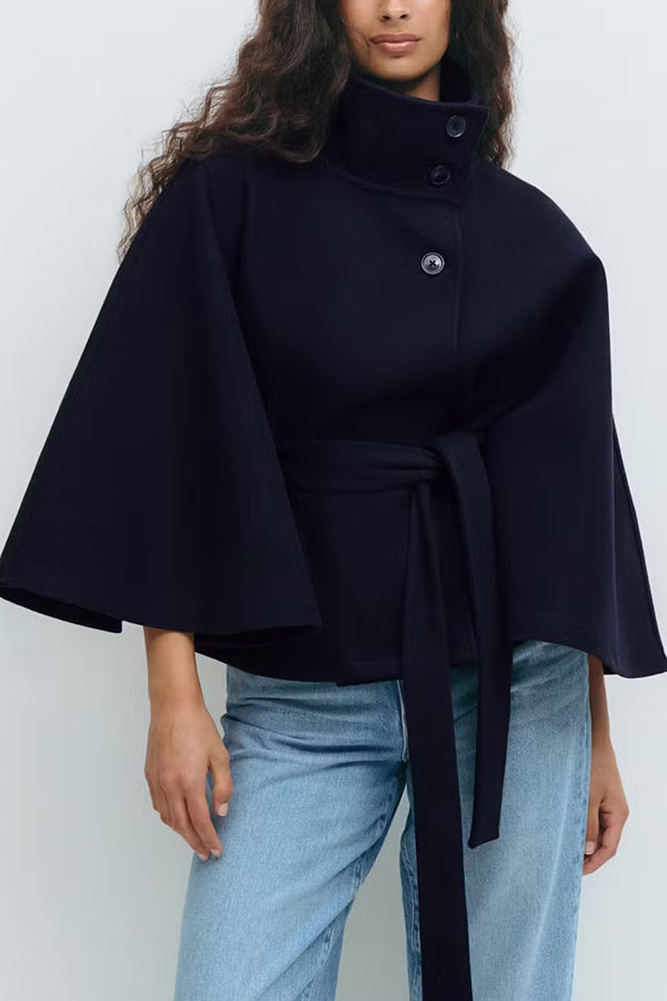 Fashionable Stand Collar Button Waist Tie Loose Cape