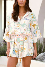 Summer Fruit Print Lapel Half Sleeve Tie Waist Loose Rompers