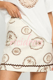 Resort Style Print Lapel Short Sleeve Shirt and Casual Mini Skirt Set