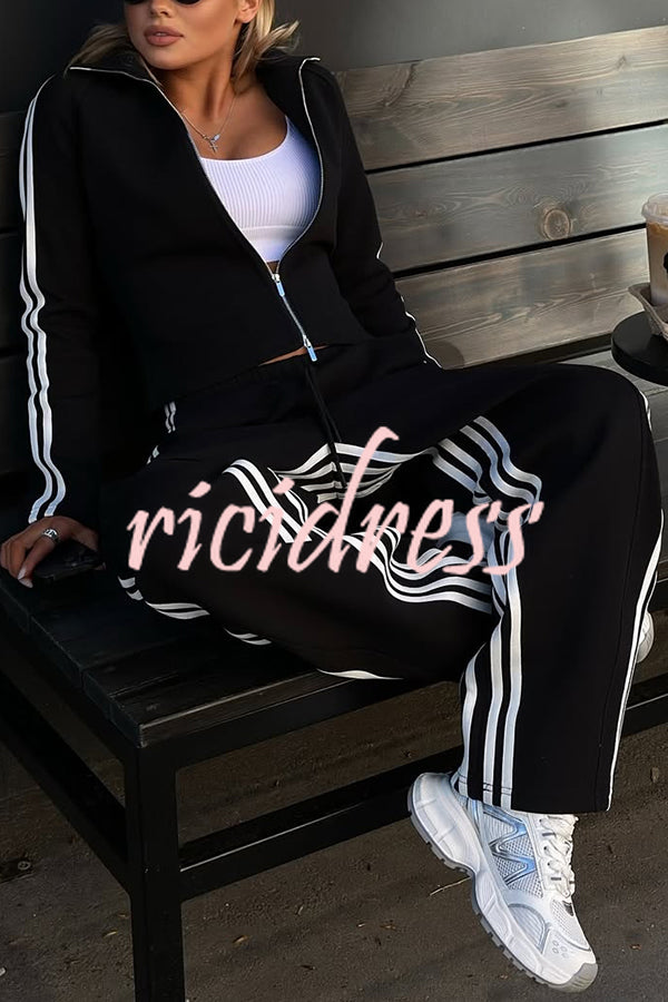 Fashionable Sports Style Striped Long-sleeved Jacket and Elastic Waist Casual Pants Set