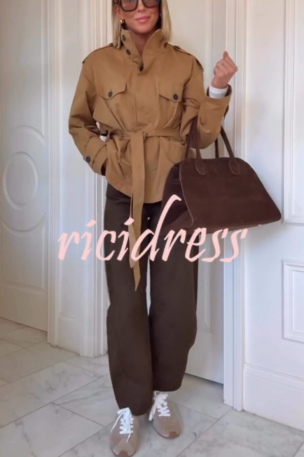 Chic Comfort Epaulettes Contrast Buttons Pocket Belt Cropped Trench Coat