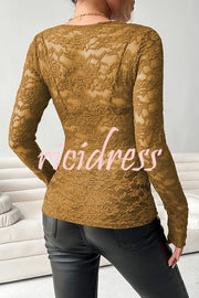 Solid Color Lace V-neck Long-sleeved Slim-fit Top