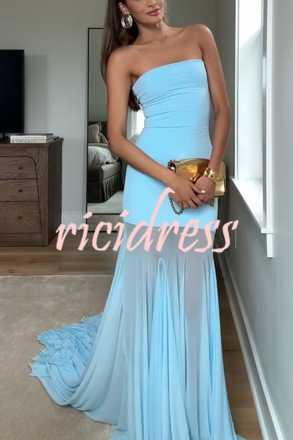 Blue Sky Off Shoulder Contrast Sheer Mesh Fabric Stretch Maxi Dress