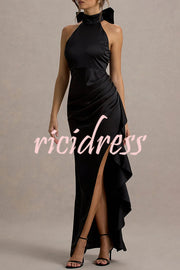 Maureen Satin High Neck Ruched Ruffle Slit Draped Maxi Dress