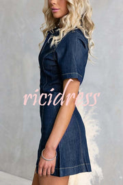 Street Chic Denim Shirt Neck Front Zip-up Stretch Mini Dress