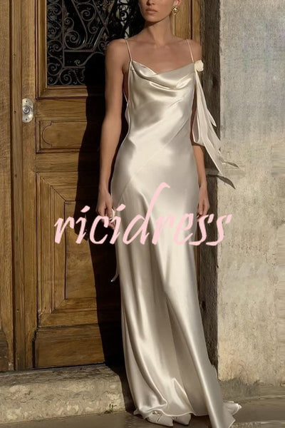 Gala Night Satin Hand-stitched Floral Detail Cowl Neck Backless Maxi Dress