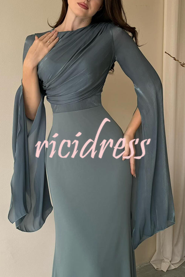 Liora Ruched Organza and Satin Patchwork Design Long Bell Slit Sleeve Maxi Dress