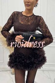 Alyssa Lace Fabric Tulle Layered Petals Trim Long Sleeve Mini Dress