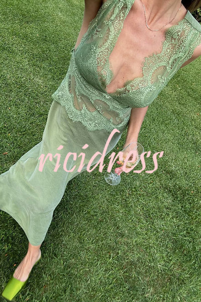 Wonderful Fusion Satin Lace Trim See-through Waist V-neck Drape Maxi Dress