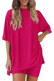Solid Color Loose Short-sleeved Top and Stretch Casual Shorts Set