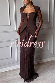 Belle Contrast Sheer Lace Fabric Patchwork Square Neck Long Sleeve Drape Maxi Dress