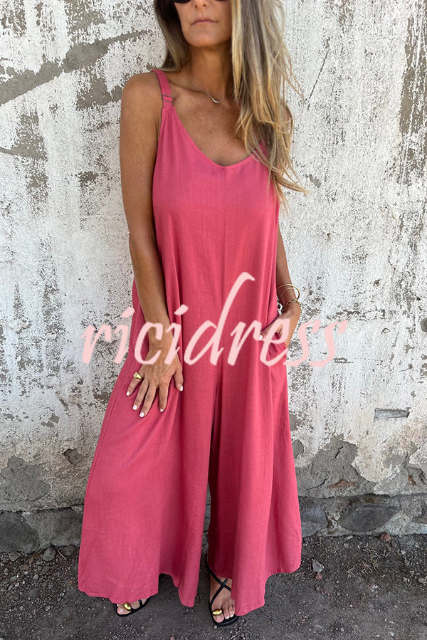 Linen Blend Solid Color Suspenders Loose Pockets Casual Wide-leg Jumpsuit