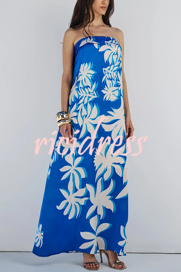 Fashion Vacation Satin Unique Print Off Shoulder Maxi Dress
