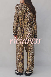Unique Print Lapel Long Sleeve Loose Shirt and Elastic Waist Casual Pocket Wide Leg Pants Set