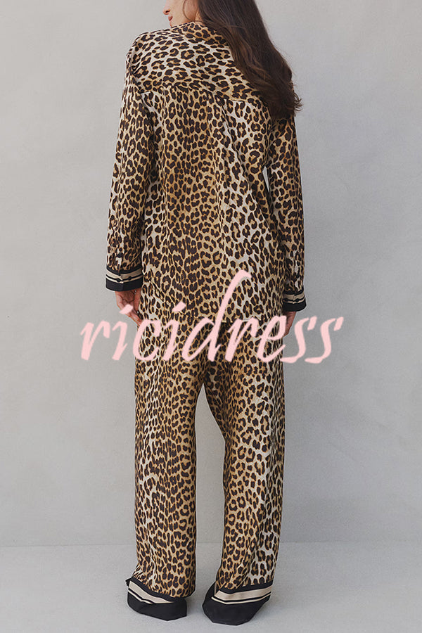 Unique Print Lapel Long Sleeve Loose Shirt and Elastic Waist Casual Pocket Wide Leg Pants Set