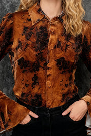 Unique Printed Velvet Flared Long-Sleeve Casual Shirt