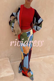 Bright and Bold Satin Abstract Color Blocks Print Elastic Waist Drape Maxi Skirt