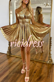 Star Night Metallic Fabric Cross Halter Neck  Pleated Mini Dress