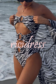 Marsie Zebra-print Ring Cutout Details Off Shoulder Stretch One-Piece Swimsuit