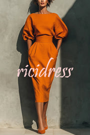 Linen Blend Round Neck Balloon Sleeve Top and High Waist Casual Pocket Midi Skirt Set