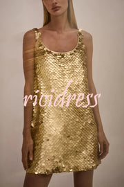 Golden Charm Impact Large Sequins Scoop Neck Tank A-line Mini Dress