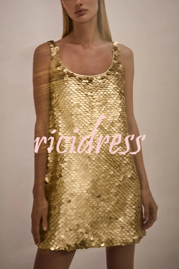 Golden Charm Impact Large Sequins Scoop Neck Tank A-line Mini Dress