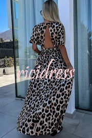 Leopard Print Short Sleeved V-neck Elasticated Waist Backless Slit Maxi Dress