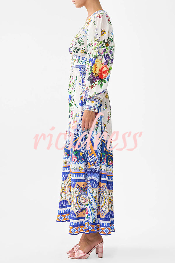 Fairy Tale Print V-Neck Lantern Sleeve Waist Maxi Dress