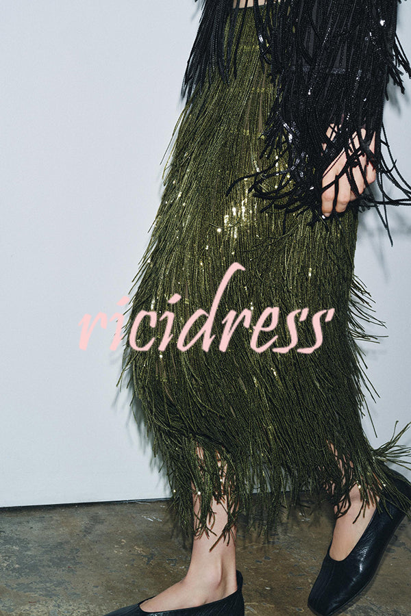 Party Crasher Layered Sequined Tassels High Rise Back Zipper Midi Skirt