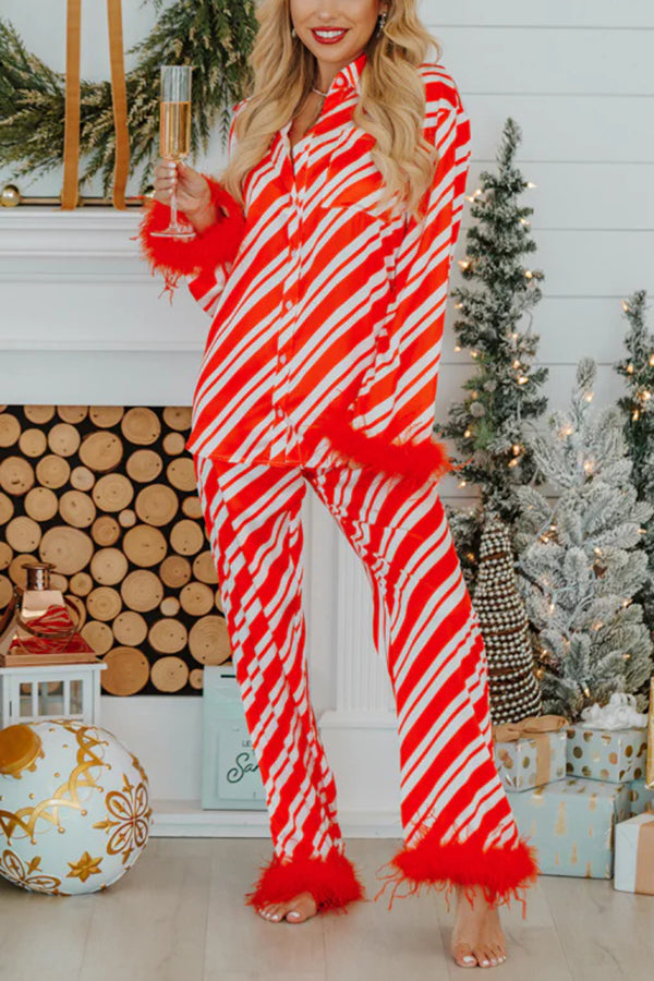 Christmas Party Striped Print Pocket Feather Elastic Waist Pajama Set