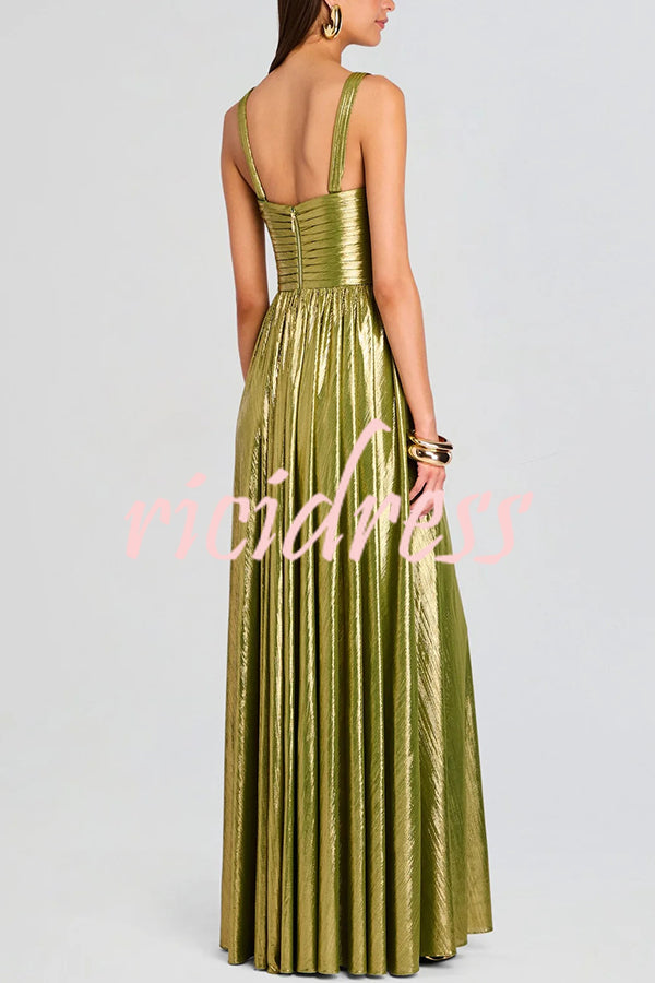 Artistic Quality Metallic Pleated Fabric Removable Straps Slit Maxi Dress